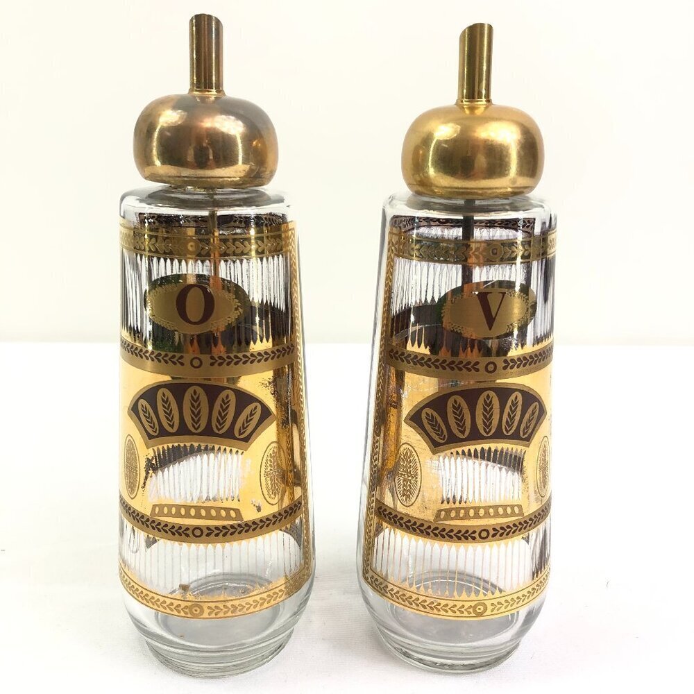 Culver Vintage Mid Century 22K Gold Wheat Pattern Oil And Vinegar Bottles
